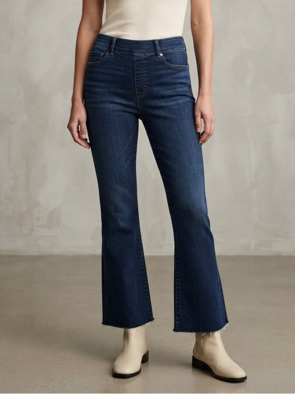 Spanx Flare Jeans Midnight Shade Dark Wash Pull On Raw Hem Shaping Denim L